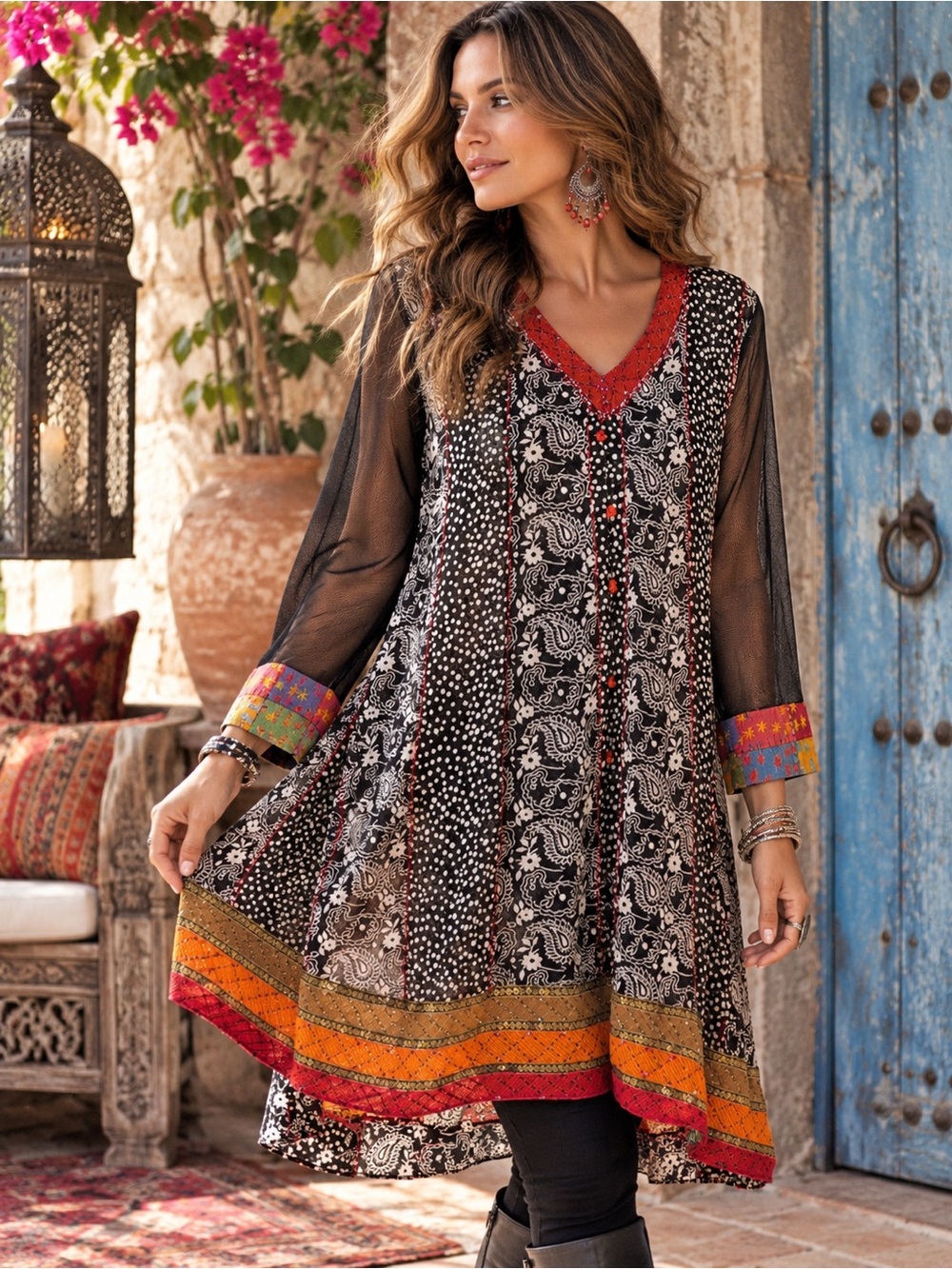 Boho Aari Embroidered Sheer Sleeve Tunic • Beaded Patchwork High-Low Dress